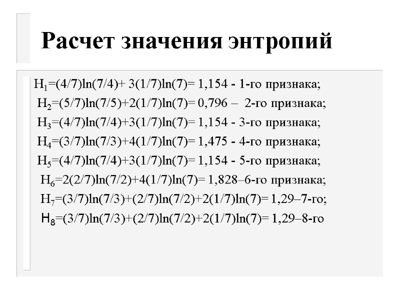 Расчет значения энтропий       H1=(4/7)ln(7/4)+ 3(1/7)ln(7)= 1,154 - 1-го